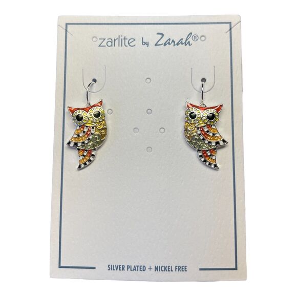 Owl Radiance Dangle Earrings Silver Plated Enamel Bird Zarah Zarlite - Picture 4 of 4